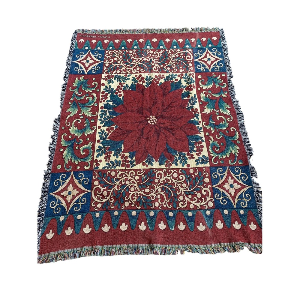 The Rug Barn Helen Vladykina Poinsettia Woven Throw Blanket Christmas Cotton USA